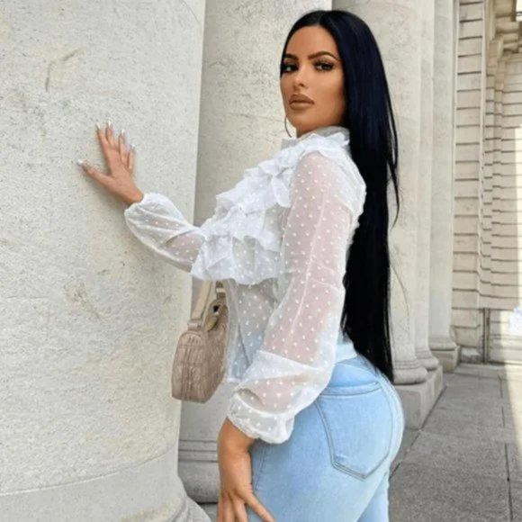 White Polka Dot Long Sleeve High Neck Ruffle Blouse Top - Picture 11 of 15